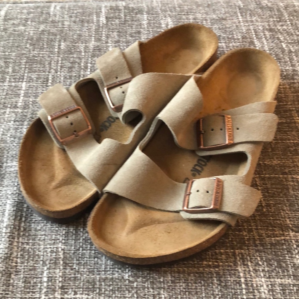 Men’s suede Birkenstock sandals.
